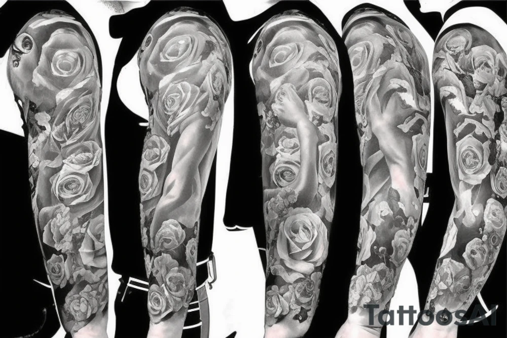 God and his angel and some roses full sleeve tattoo idea
