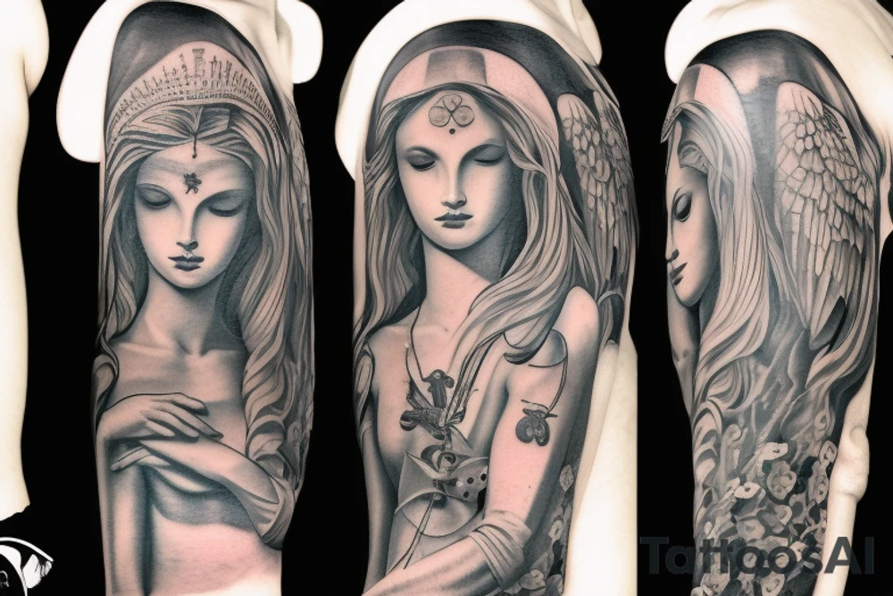 God and his angel full sleeve tattoo idea