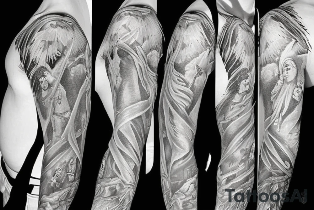 God and his angel full sleeve tattoo idea