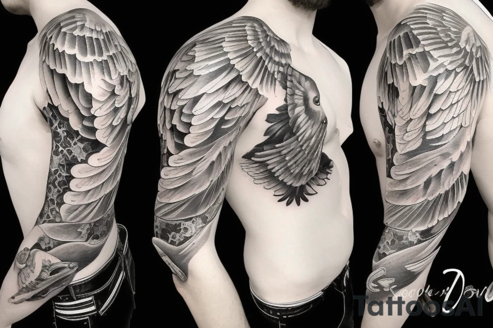God and his angel with wings full sleeve tattoo idea