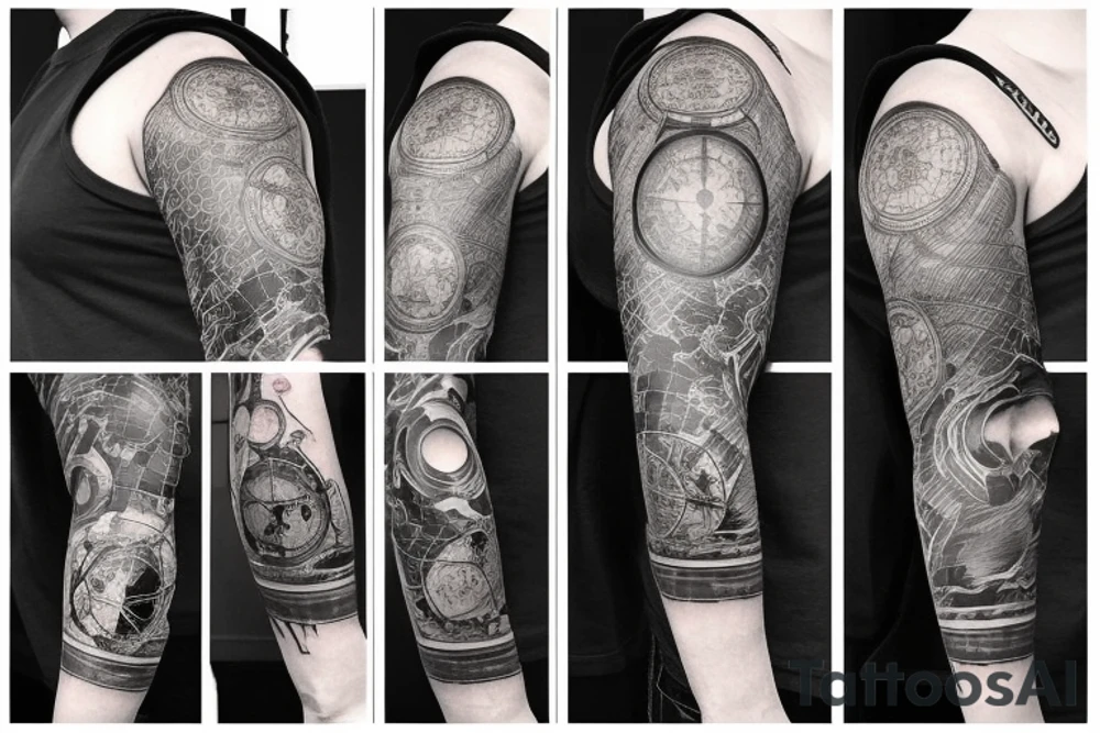 full sleeve tatoo with world map background, compass and man sculpting the a stone and other related elements tattoo idea