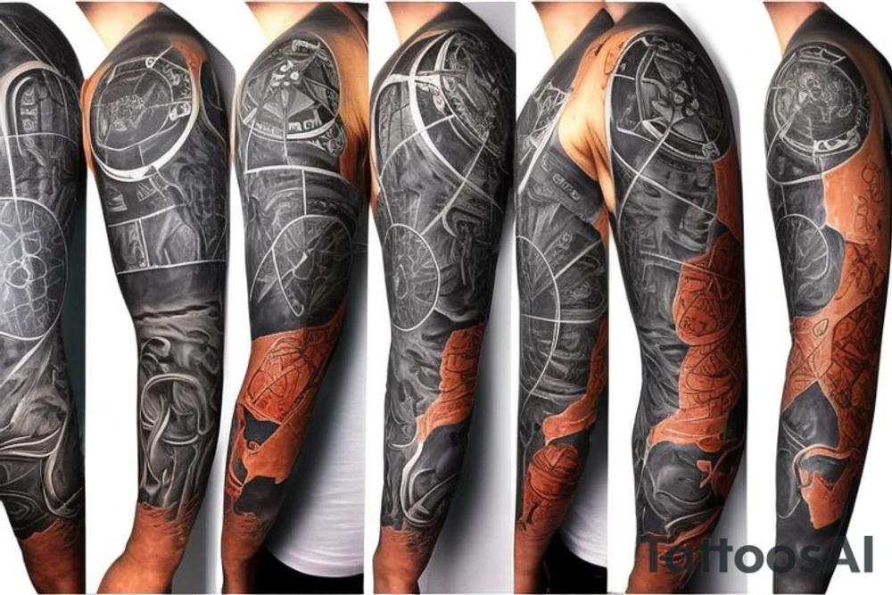 full sleeve tatoo with world map background, compass and man sculpting the a stone and other related elements tattoo idea