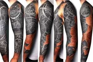 full sleeve tatoo with world map background, compass and man sculpting the a stone and other related elements tattoo idea