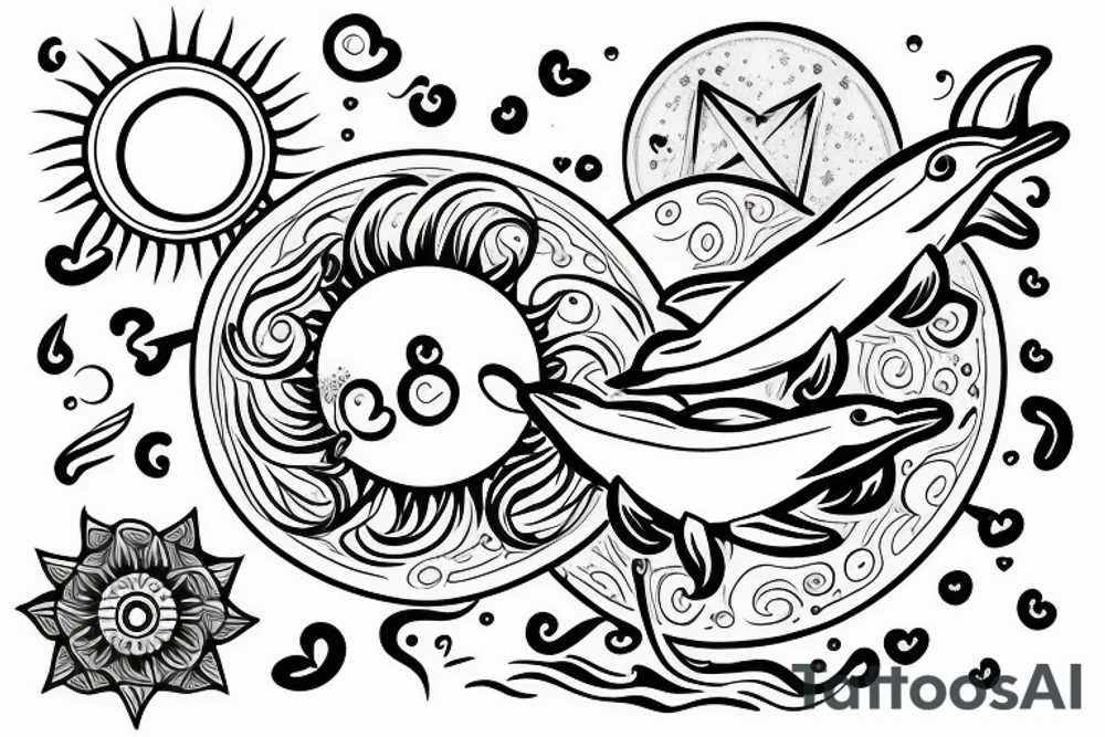 dolphins splashing out of the water creating a heart with a sun and moon in the background tattoo idea