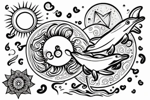 dolphins splashing out of the water creating a heart with a sun and moon in the background tattoo idea