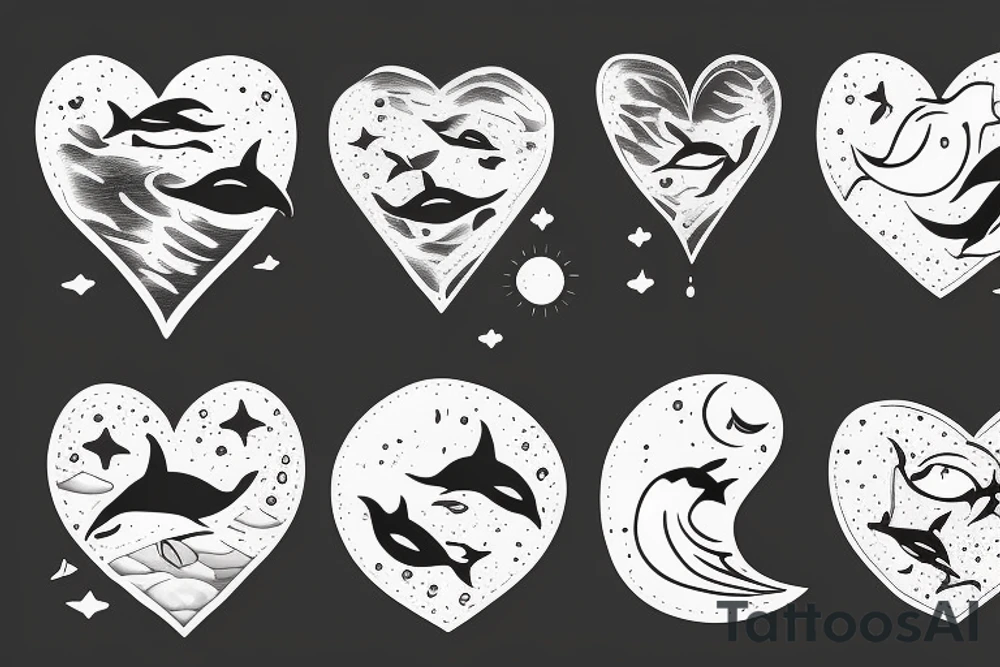 dolphins splashing out of the water creating a heart with a sun and moon in the background tattoo idea