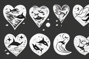 dolphins splashing out of the water creating a heart with a sun and moon in the background tattoo idea