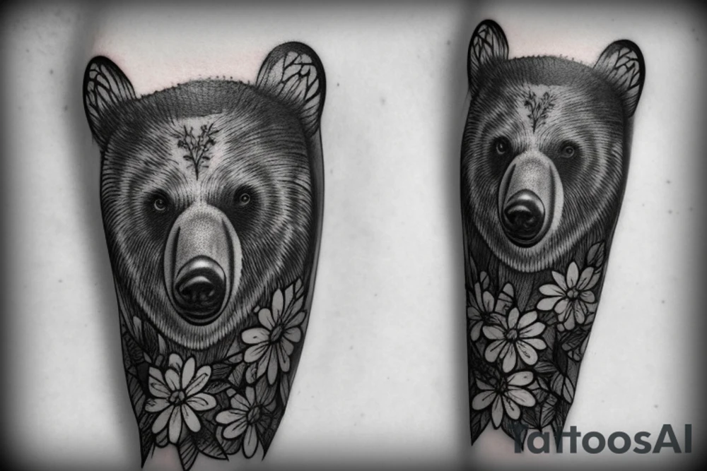 bear wildlife with flowers tattoo idea