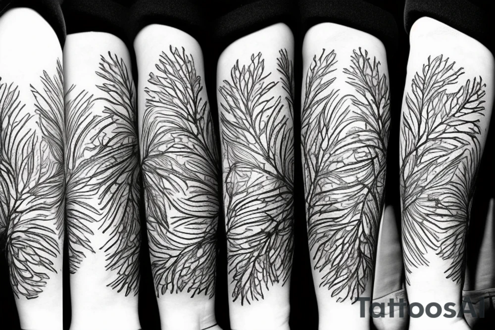 Pine trees, sun, flowers tattoo idea