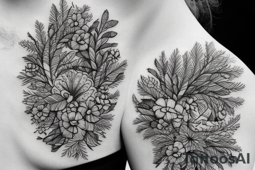 Pine trees, sun, flowers tattoo idea