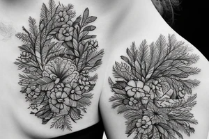 Pine trees, sun, flowers tattoo idea