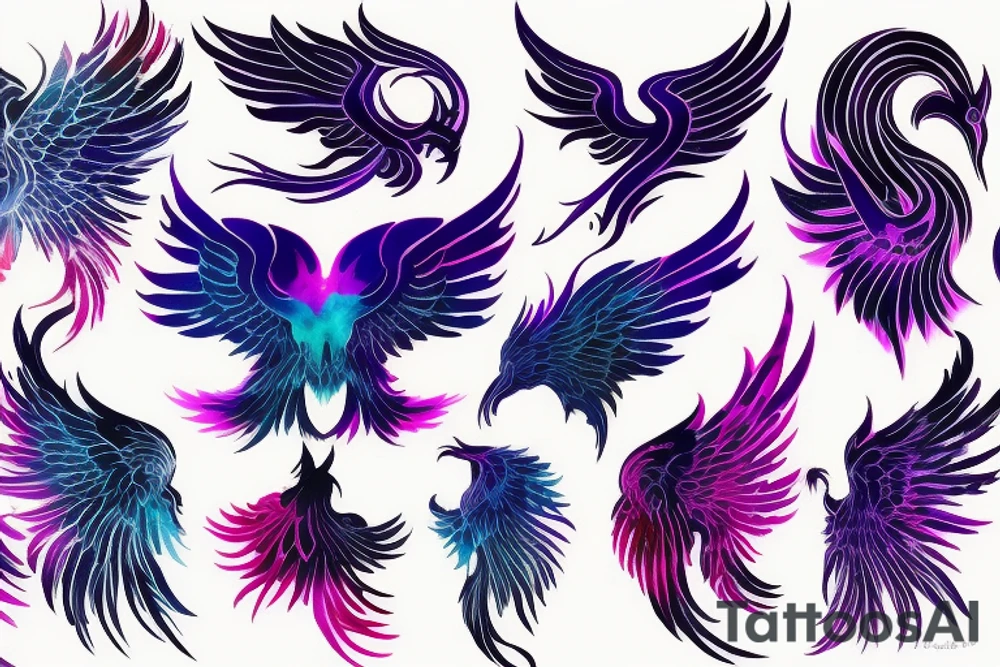 Illenium's Phoenix logo in black with pink, purple and blue watercoler as flames tattoo idea