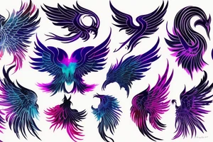 Illenium's Phoenix logo in black with pink, purple and blue watercoler as flames tattoo idea