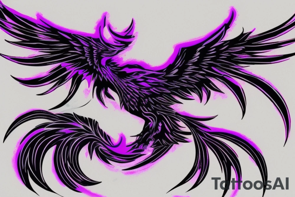 Illenium's Phoenix logo in black with pink, purple and blue watercoler as flames tattoo idea