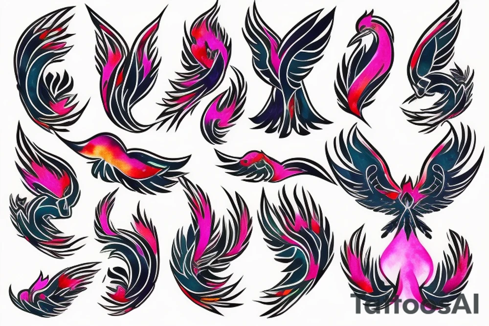 A simple geometric and tribal looking phoenix with pink flames as the background tattoo idea