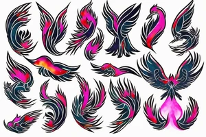 A simple geometric and tribal looking phoenix with pink flames as the background tattoo idea