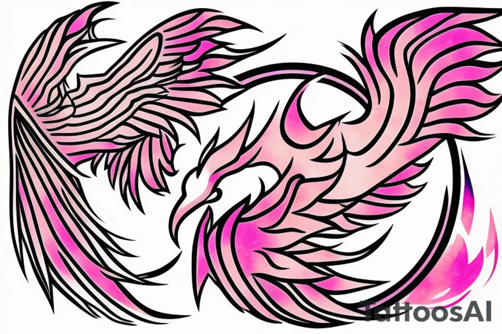 A simple geometric and tribal looking phoenix with pink flames as the background tattoo idea