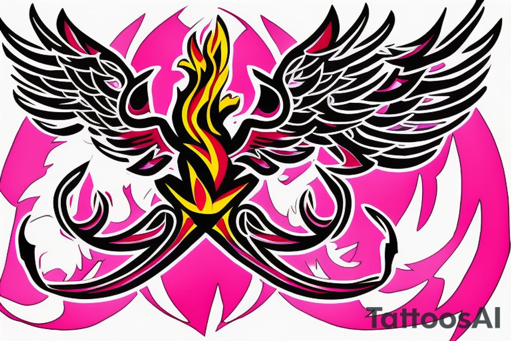 A simple geometric and tribal looking phoenix as a logo with pink flames as the background tattoo idea