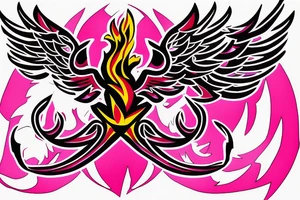 A simple geometric and tribal looking phoenix as a logo with pink flames as the background tattoo idea