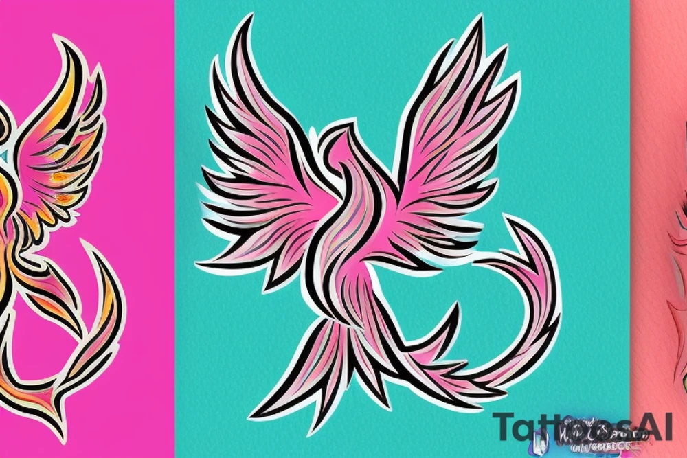 A simple geometric and tribal looking phoenix as a logo with pink flames as the background tattoo idea