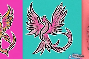 A simple geometric and tribal looking phoenix as a logo with pink flames as the background tattoo idea