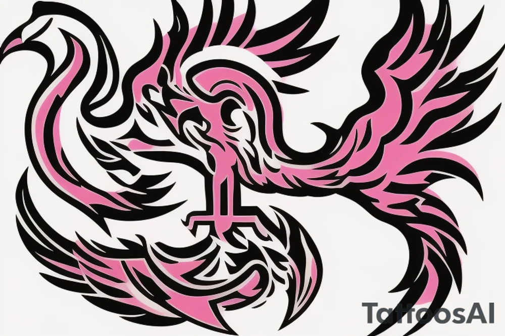 A simple geometric and tribal looking phoenix as a logo with pink flames as the background tattoo idea