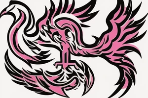 A simple geometric and tribal looking phoenix as a logo with pink flames as the background tattoo idea