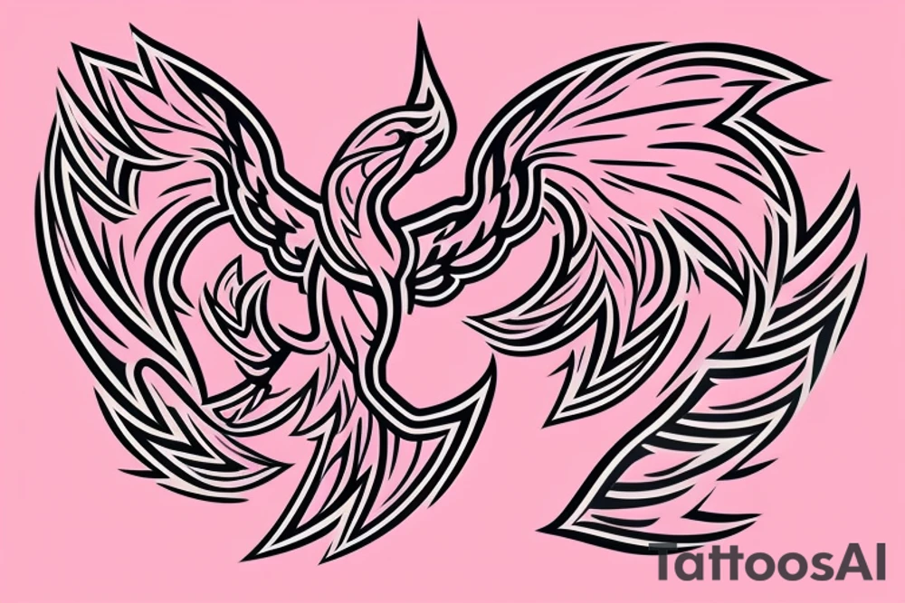 A simple geometric and tribal looking phoenix as a logo with pink flames as the background tattoo idea