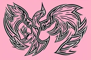 A simple geometric and tribal looking phoenix as a logo with pink flames as the background tattoo idea