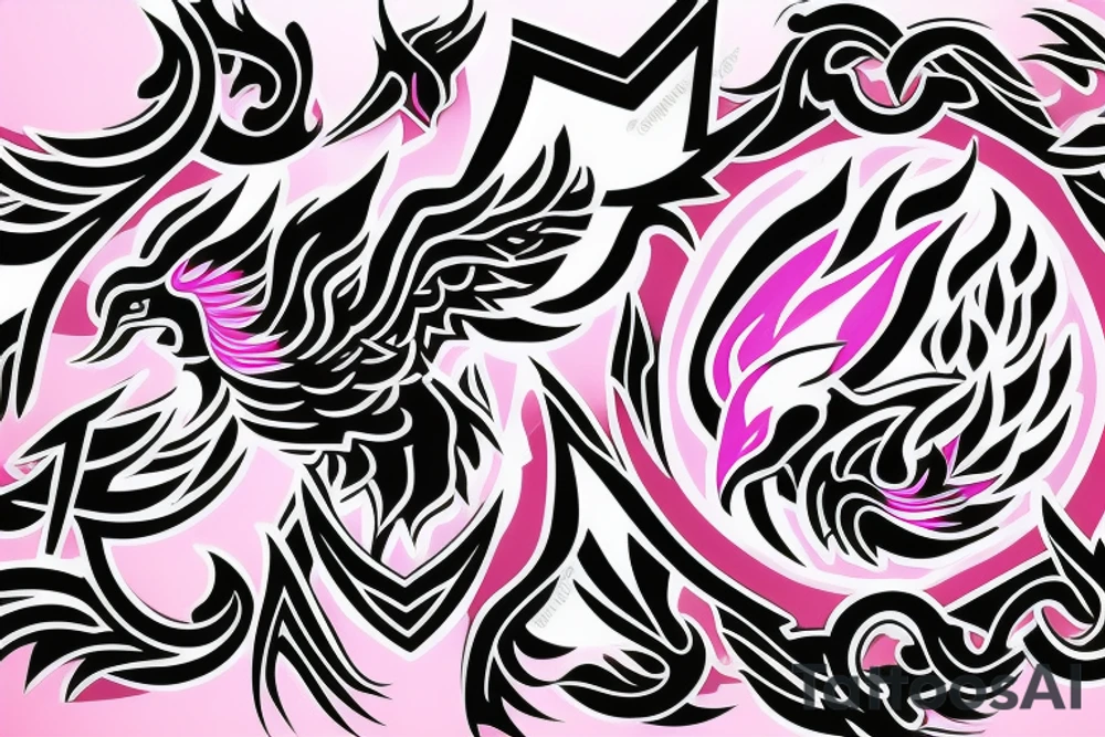A fully shaded black 
simple geometric and tribal looking phoenix as a logo with pink flames as the background tattoo idea
