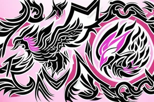 A fully shaded black 
simple geometric and tribal looking phoenix as a logo with pink flames as the background tattoo idea