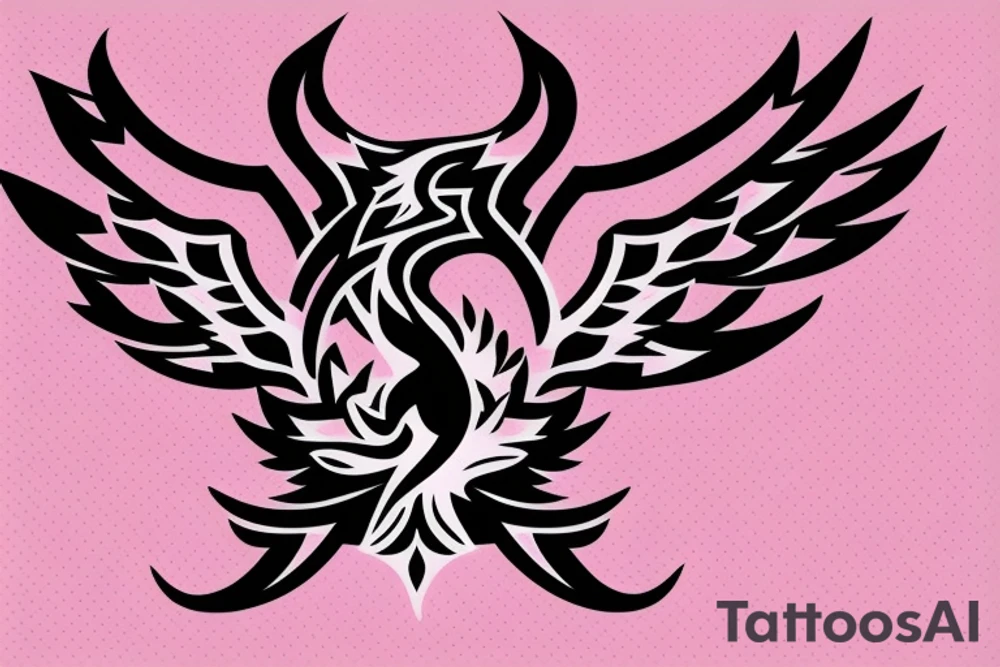 A fully shaded black 
simple geometric and tribal looking phoenix as a logo with pink flames as the background tattoo idea