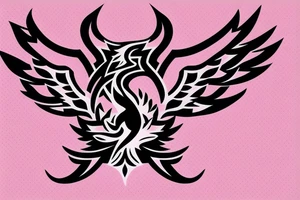 A fully shaded black 
simple geometric and tribal looking phoenix as a logo with pink flames as the background tattoo idea