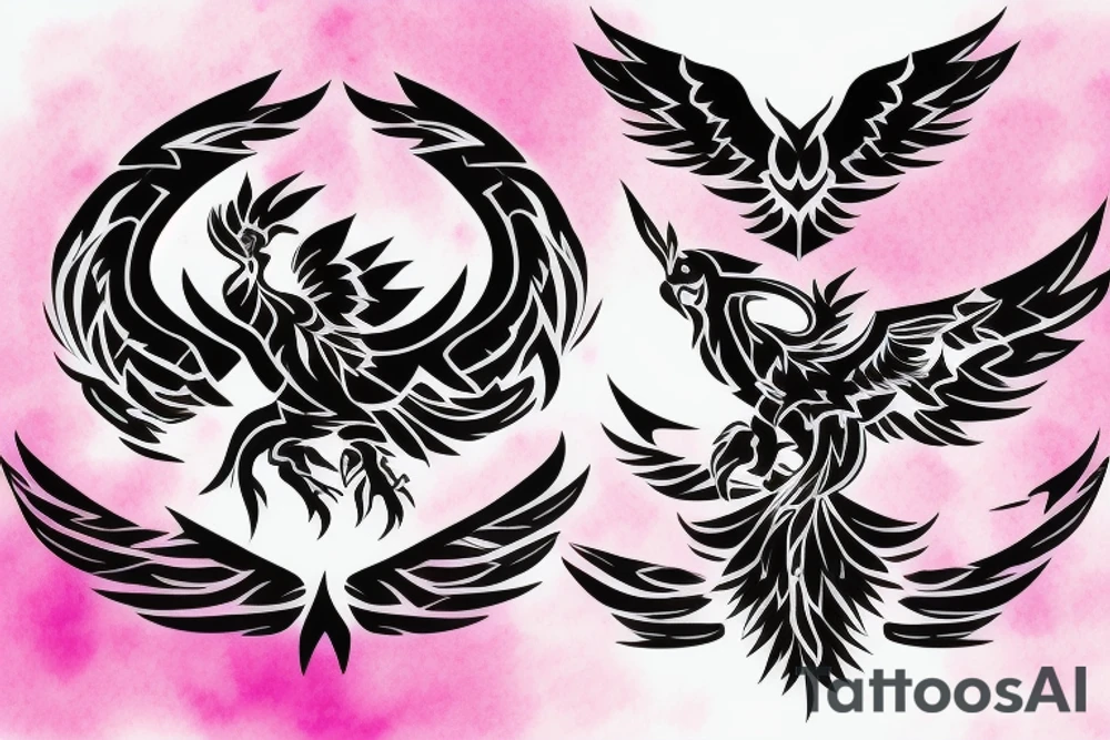 A fully shaded black 
simple geometric and tribal looking phoenix as a logo with pink flames as the background tattoo idea