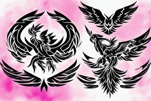 A fully shaded black 
simple geometric and tribal looking phoenix as a logo with pink flames as the background tattoo idea