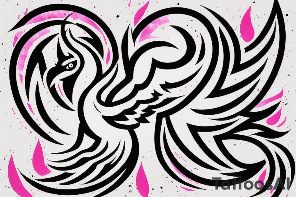 A fully shaded black 
simple geometric and tribal looking phoenix as a logo with pink flames as the background tattoo idea