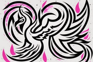A fully shaded black 
simple geometric and tribal looking phoenix as a logo with pink flames as the background tattoo idea