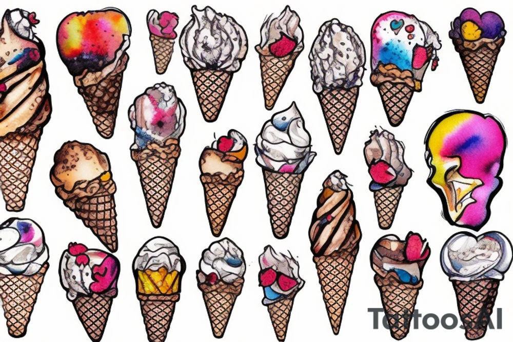 An anatomical heart melting in an ice cream cone that has thermal coloing tattoo idea