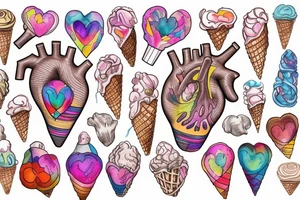 An anatomical heart that looks like it is melting in an ice cream cone that has thermal and psychedelic coloring tattoo idea