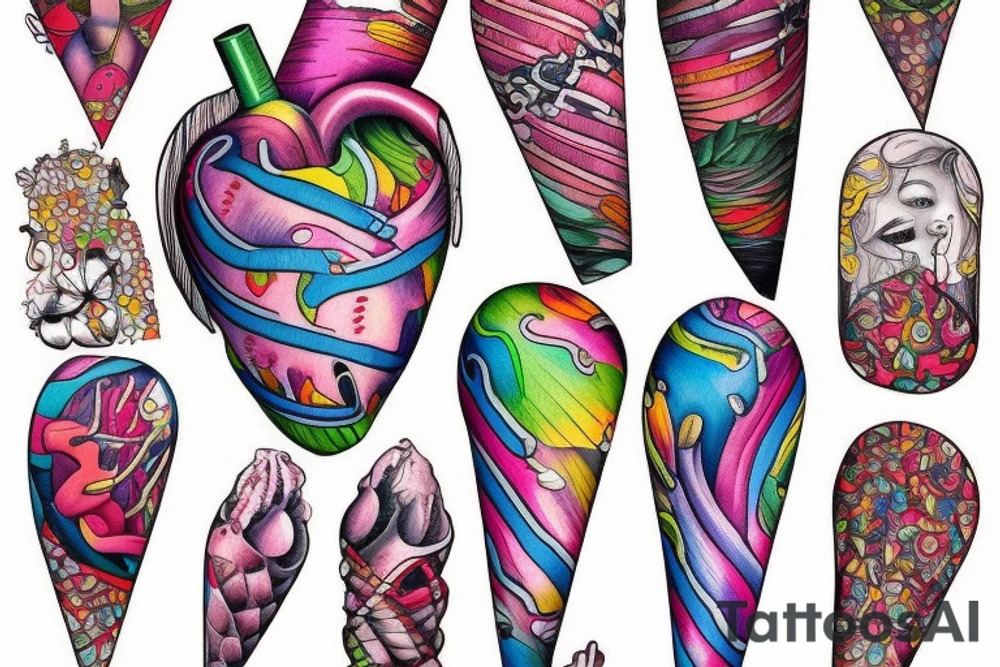 An anatomical heart that looks like it is melting in an ice cream cone that has thermal and psychedelic coloring tattoo idea