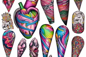 An anatomical heart that looks like it is melting in an ice cream cone that has thermal and psychedelic coloring tattoo idea
