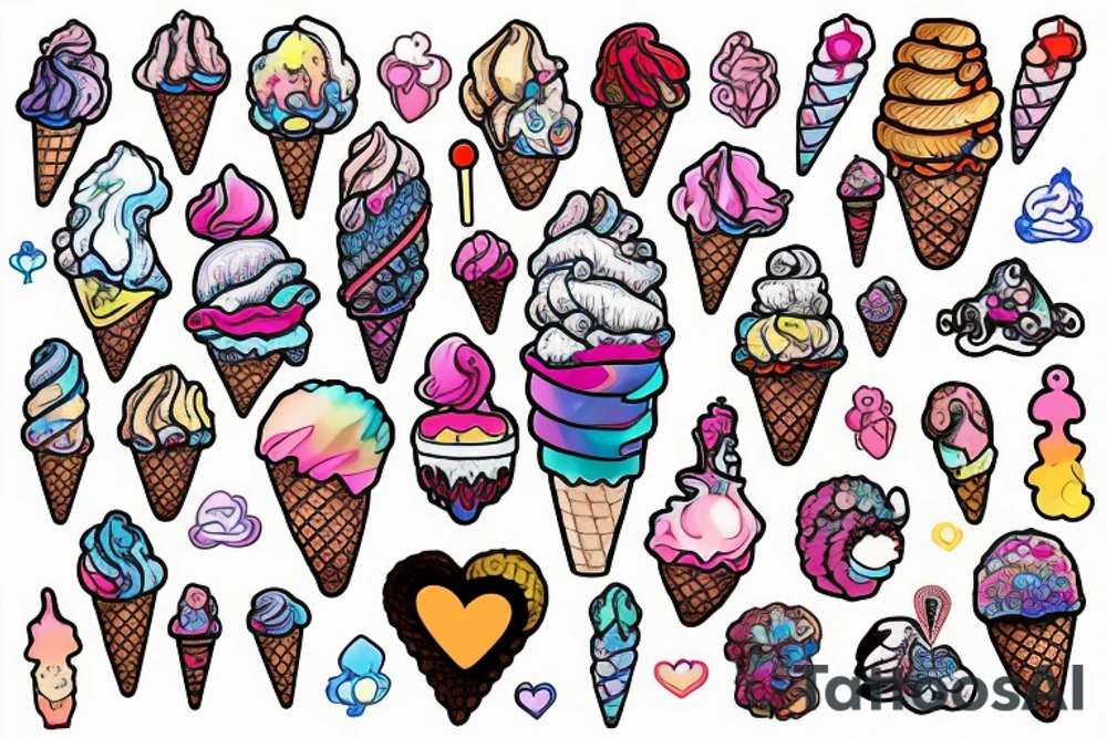 An anatomical heart that looks like it is melting in an ice cream cone that has thermal and psychedelic coloring tattoo idea
