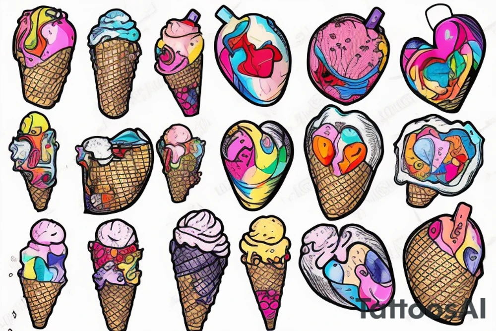 An anatomical heart that looks like it is melting in an ice cream cone that has thermal and psychedelic coloring tattoo idea