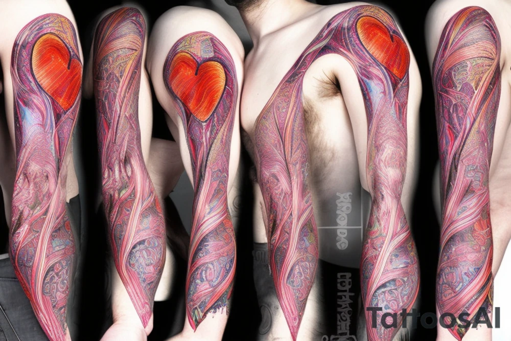 An anatomical heart that looks like it is melting in a cone that has thermal and psychedelic coloring tattoo idea