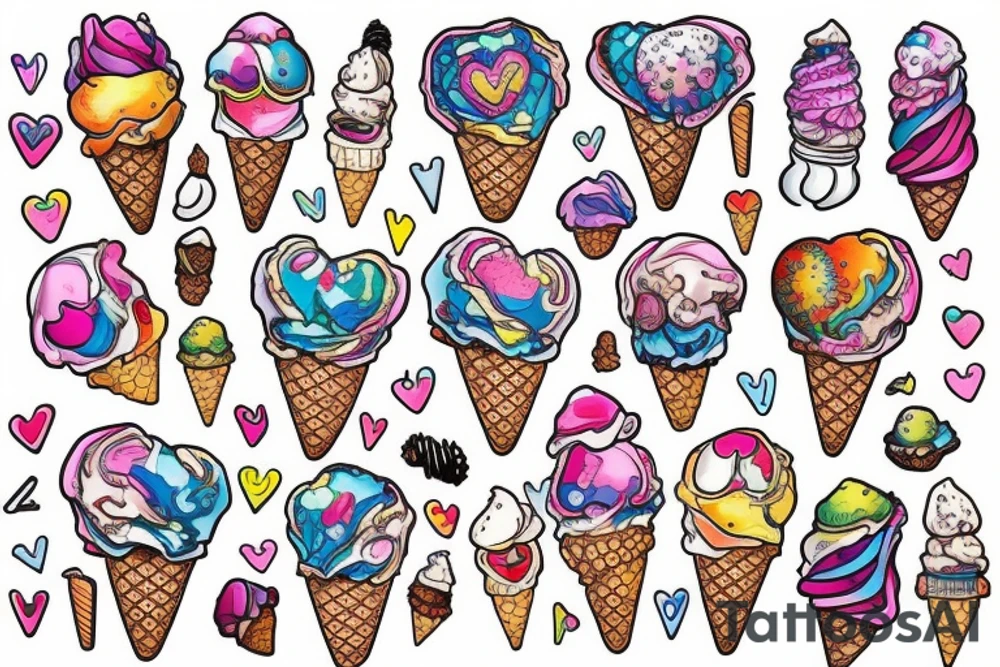 An anatomical heart that is sitting on top of an ice cream cone like some ice cream that looks like it is melting and has thermal and psychedelic coloring tattoo idea