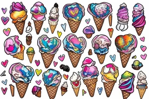 An anatomical heart that is sitting on top of an ice cream cone like some ice cream that looks like it is melting and has thermal and psychedelic coloring tattoo idea