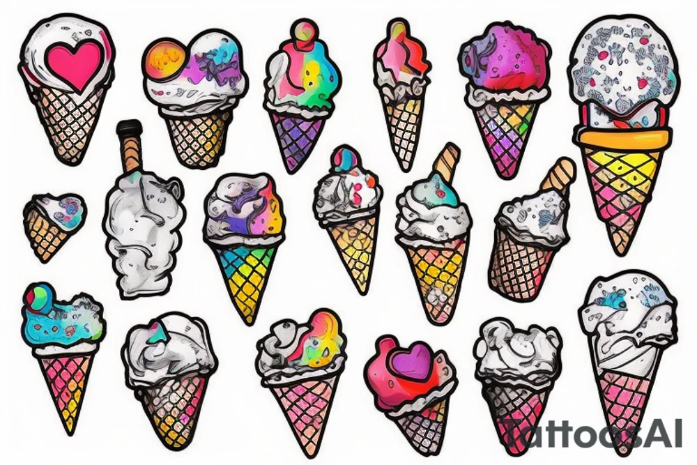An anatomical heart that is sitting on top of an ice cream cone like some ice cream that looks like it is melting and has thermal and psychedelic coloring tattoo idea