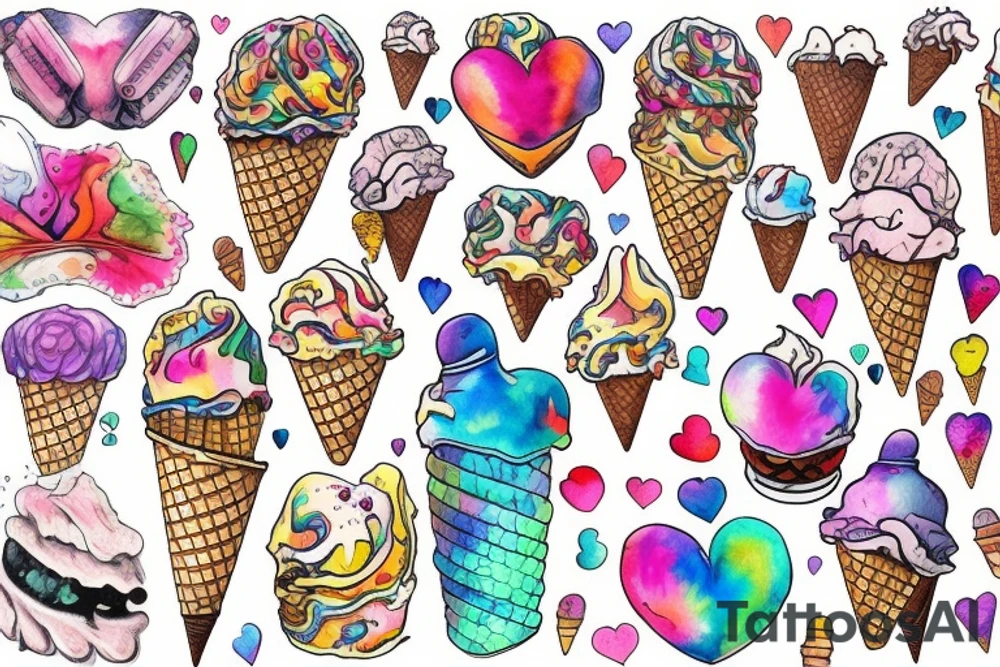 An anatomical heart that is sitting on top of an ice cream cone like some ice cream that looks like it is melting and has psychedelic coloring tattoo idea