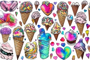An anatomical heart that is sitting on top of an ice cream cone like some ice cream that looks like it is melting and has psychedelic coloring tattoo idea
