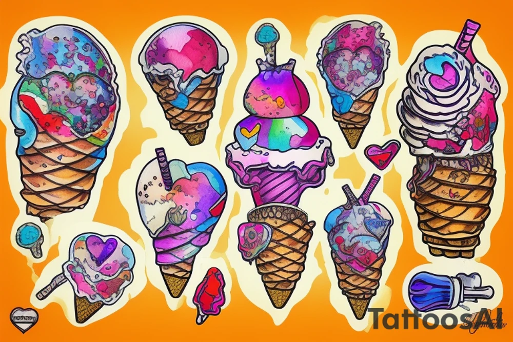 An anatomical heart that is sitting on top of an ice cream cone like some ice cream that looks like it is melting and has psychedelic coloring tattoo idea